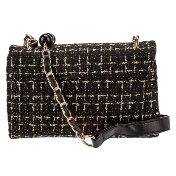 BADGLEY MISCHKA Bouclé Black Gold Tweed Shoulder Bag Pearl Accent Strap NWT - Picture 4 of 6